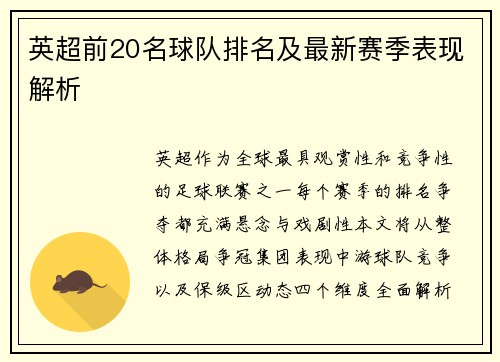 英超前20名球队排名及最新赛季表现解析